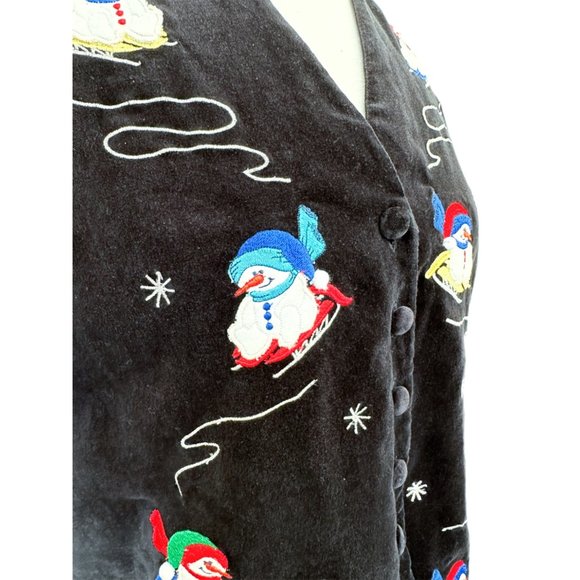 Vintage Karen Scott Black Velvet Embroidered Snowman Button Up Vest | Size Mediu - Picture 4 of 6